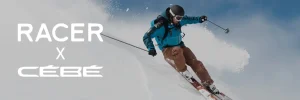 homme qui ski sur une montagne avec le logo racer x cébé en blanc sur la gauche